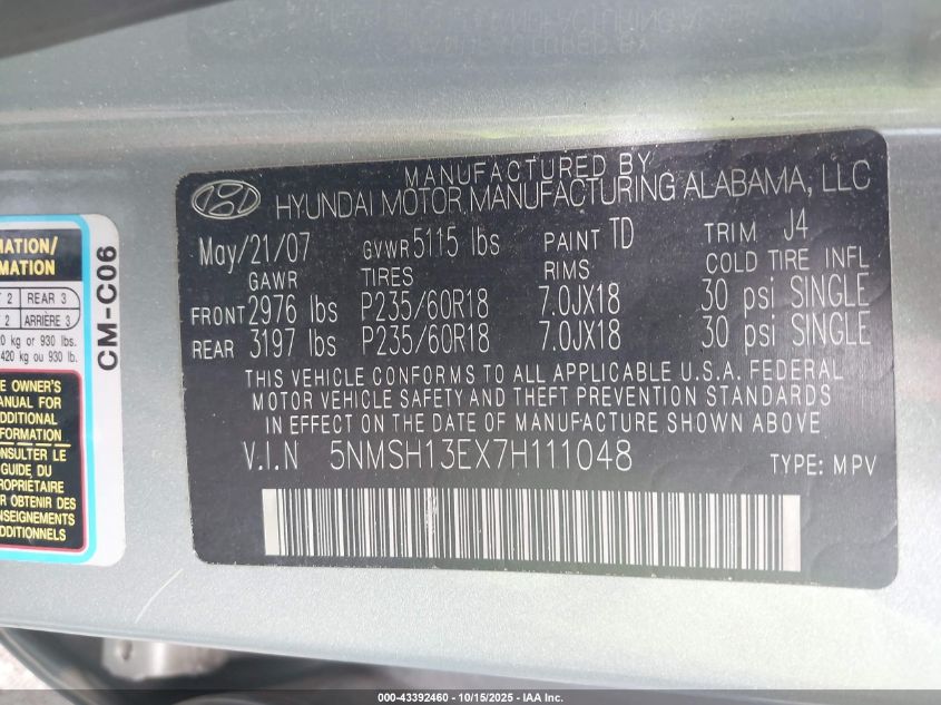 2007 Hyundai Santa Fe Limited/Se VIN: 5NMSH13EX7H111048 Lot: 43392460