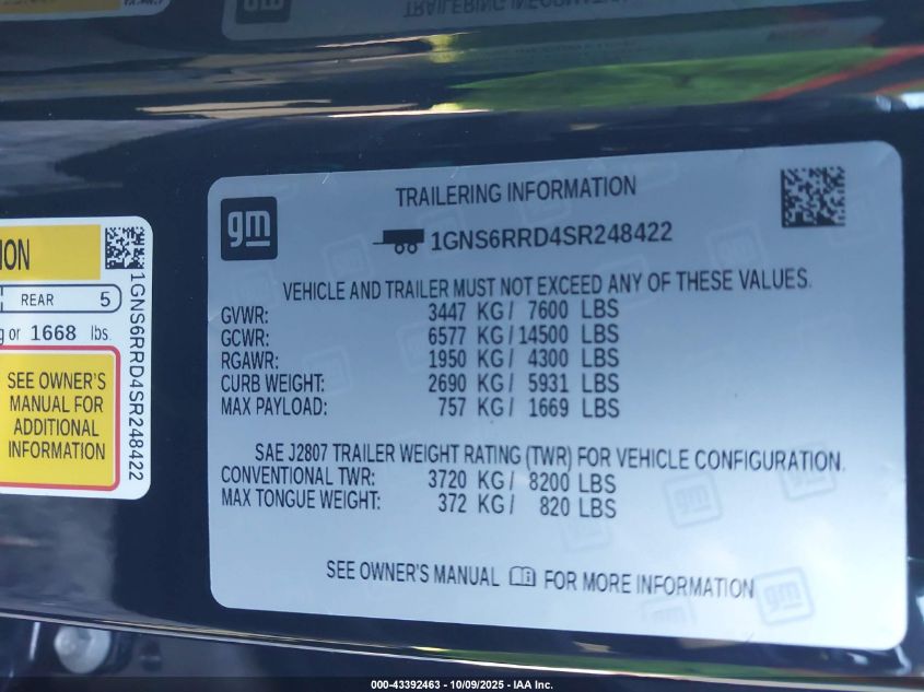 2025 Chevrolet Tahoe 4Wd Rst VIN: 1GNS6RRD4SR248422 Lot: 43392463