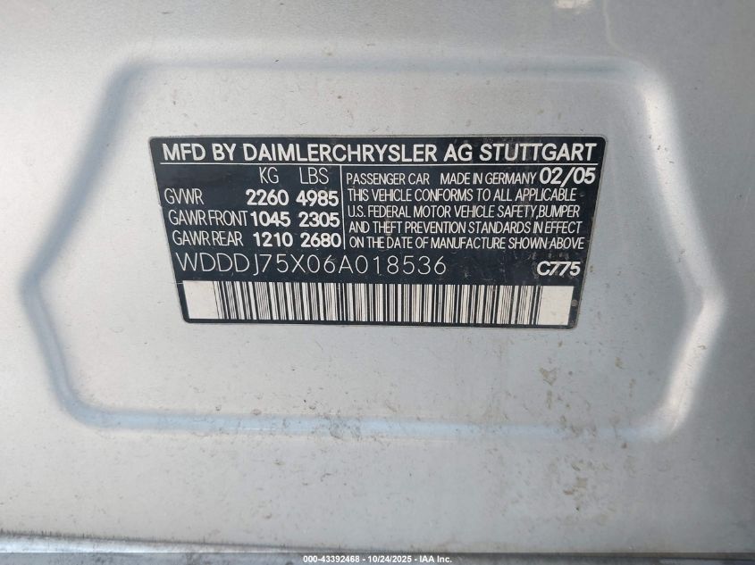 2006 Mercedes-Benz Cls 500 VIN: WDDDJ75X06A018536 Lot: 43392468