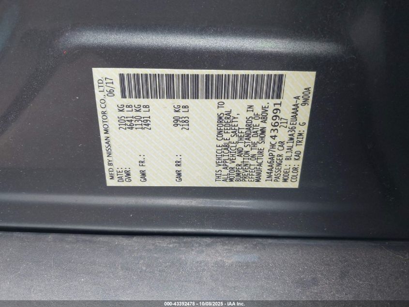 2017 Nissan Maxima 3.5 Sr VIN: 1N4AA6AP7HC436991 Lot: 43392478