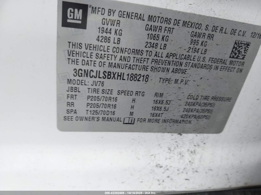 2017 Chevrolet Trax Lt VIN: 3GNCJLSBXHL188218 Lot: 43392488