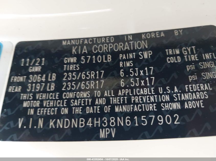 2022 Kia Carnival Mpv Lx Seat Package VIN: KNDNB4H38N6157902 Lot: 43392494