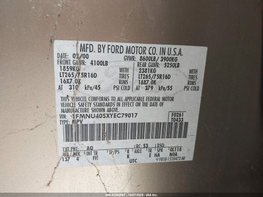 2000 Ford Excursion Xlt VIN: 1FMNU40SXYEC79017 Lot: 43392507