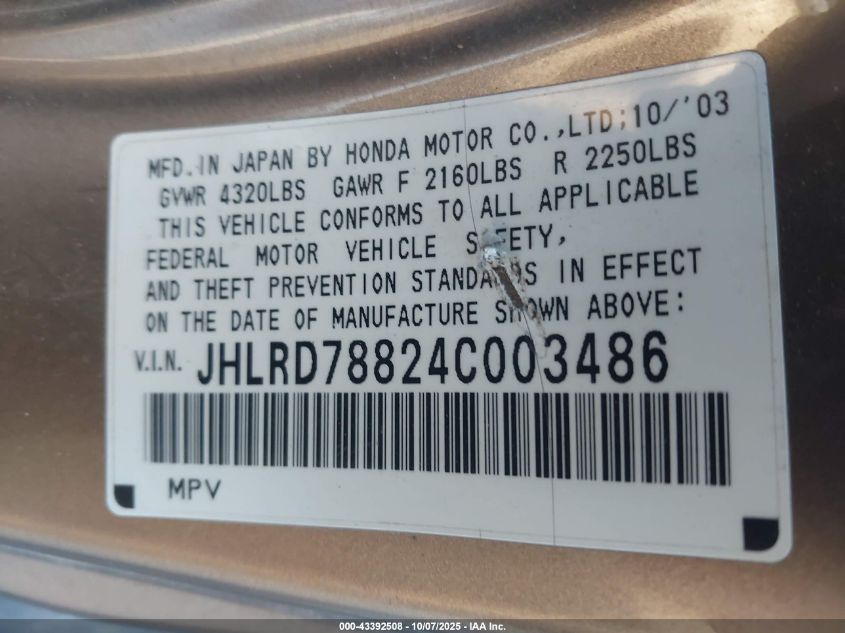 2004 Honda Cr-V Ex VIN: JHLRD78824C003486 Lot: 43392508