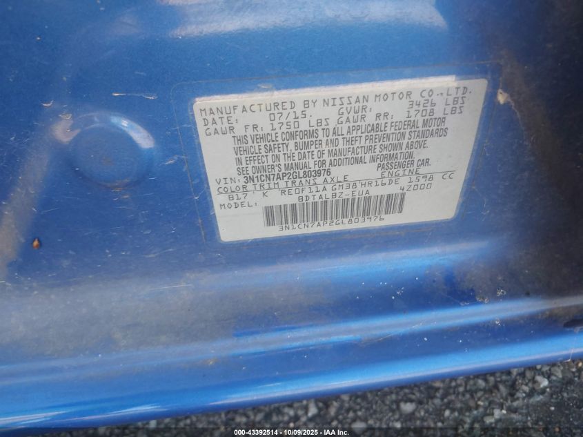 2016 Nissan Versa 1.6 S/1.6 S+/1.6 Sl/1.6 Sv VIN: 3N1CN7AP2GL803976 Lot: 43392514