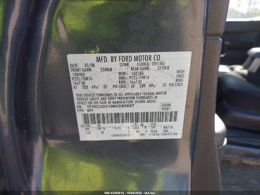 2008 Ford Escape Xlt VIN: 1FMCU03198KD85687 Lot: 43392515