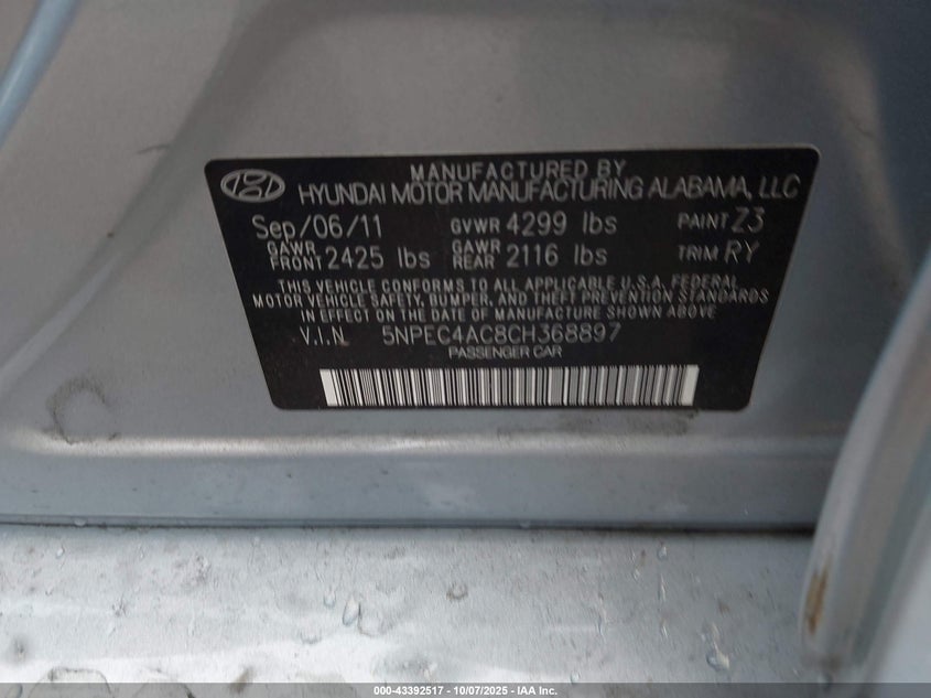 2012 Hyundai Sonata Se VIN: 5NPEC4AC8CH368897 Lot: 43392517