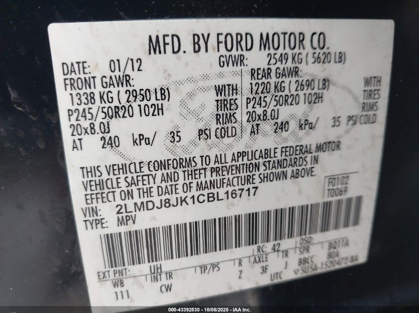 2012 Lincoln Mkx VIN: 2LMDJ8JK1CBL16717 Lot: 43392530