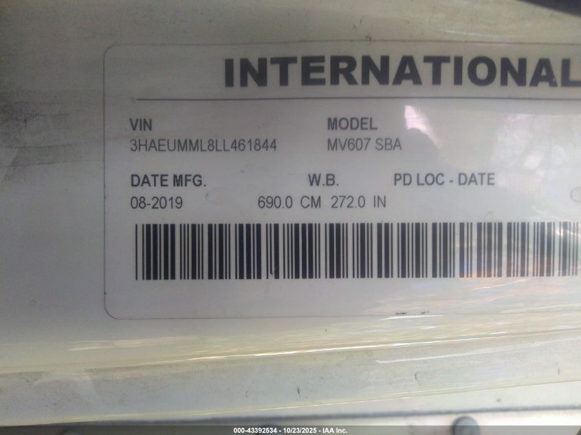 2020 International Mv VIN: 3HAEUMML8LL461844 Lot: 43392534