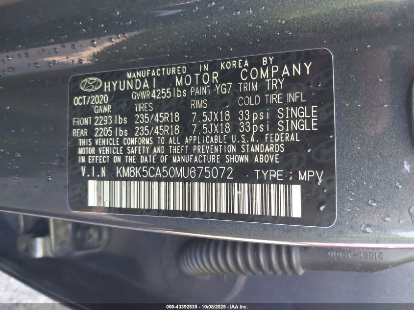 2021 Hyundai Kona Ultimate VIN: KM8K5CA50MU675072 Lot: 43392535