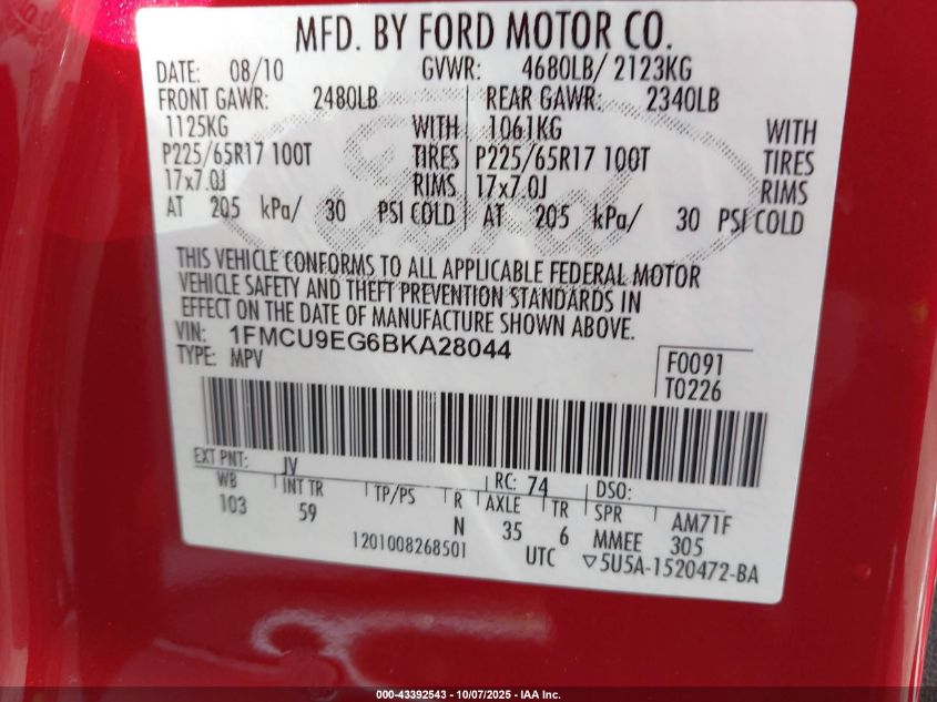 2011 Ford Escape Limited VIN: 1FMCU9EG6BKA28044 Lot: 43392543