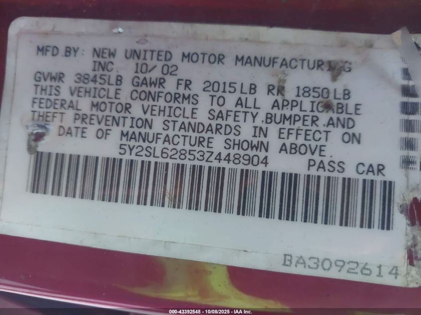 2003 Pontiac Vibe VIN: 5Y2SL62853Z448904 Lot: 43392548