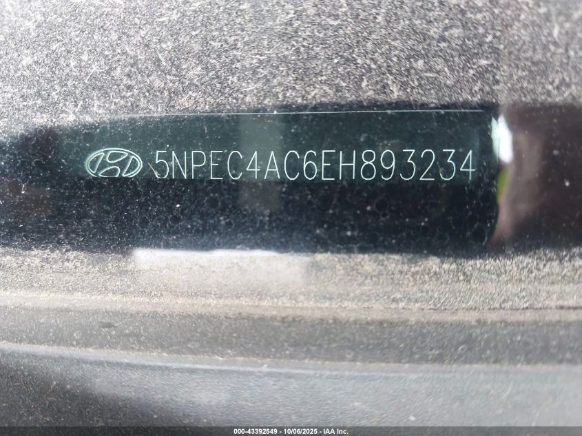 2014 Hyundai Sonata Se VIN: 5NPEC4AC6EH893234 Lot: 43392549