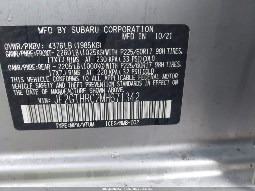 2021 Subaru Crosstrek Sport VIN: JF2GTHRC2MH671342 Lot: 43392552