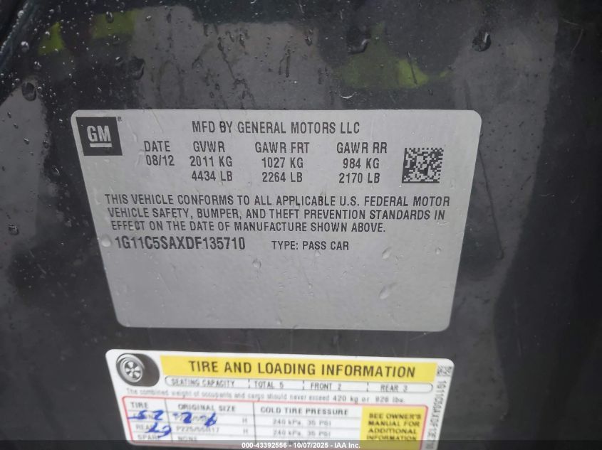 2013 Chevrolet Malibu 1Lt VIN: 1G11C5SAXDF135710 Lot: 43392556