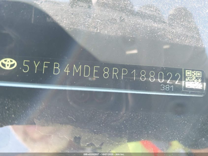 2024 Toyota Corolla Le VIN: 5YFB4MDE8RP188022 Lot: 43392557