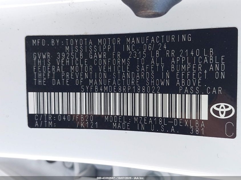 2024 Toyota Corolla Le VIN: 5YFB4MDE8RP188022 Lot: 43392557