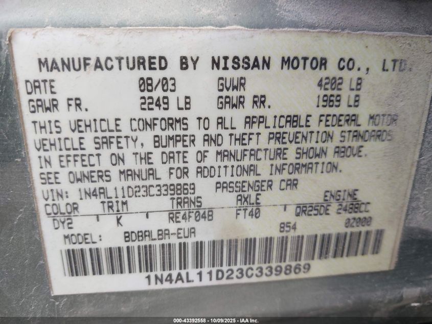 2003 Nissan Altima 2.5 S VIN: 1N4AL11D23C339869 Lot: 43392558