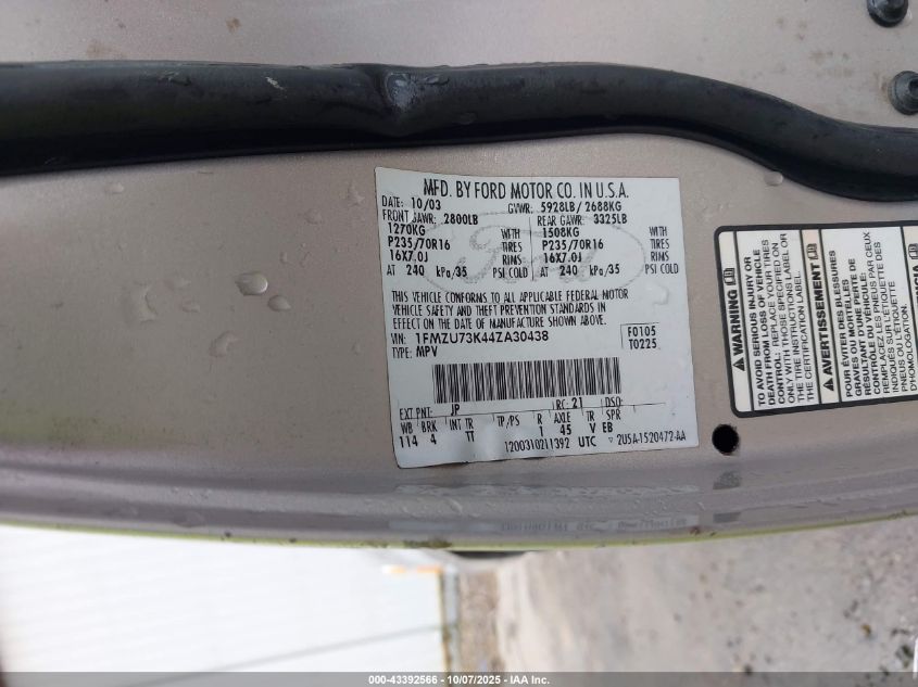2004 Ford Explorer Nbx/Xlt VIN: 1FMZU73K44ZA30438 Lot: 43392566