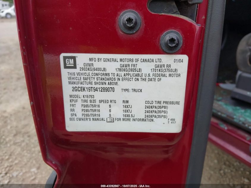 2004 Chevrolet Silverado 1500 Z71 VIN: 2GCEK19T941289070 Lot: 43392567