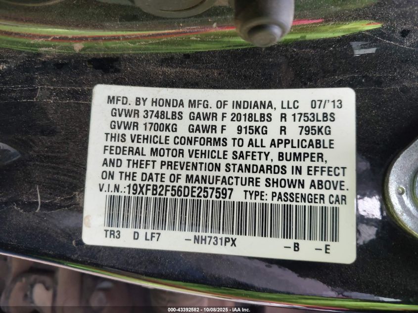 2013 Honda Civic Lx VIN: 19XFB2F56DE257597 Lot: 43392582