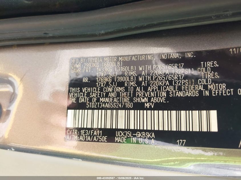 2005 Toyota Sequoia Sr5 V8 VIN: 5TDZT34A65S247160 Lot: 43392587