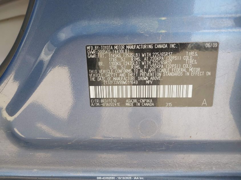 2009 Toyota Rav4 VIN: 2T3ZF33V99W011649 Lot: 43392590