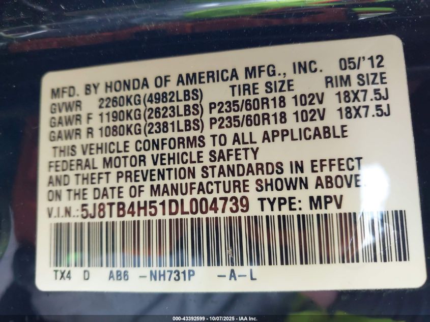 2013 Acura Rdx VIN: 5J8TB4H51DL004739 Lot: 43392599