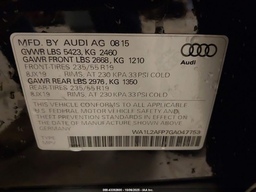 2016 Audi Q5 2.0T Premium VIN: WA1L2AFP7GA047753 Lot: 43392600