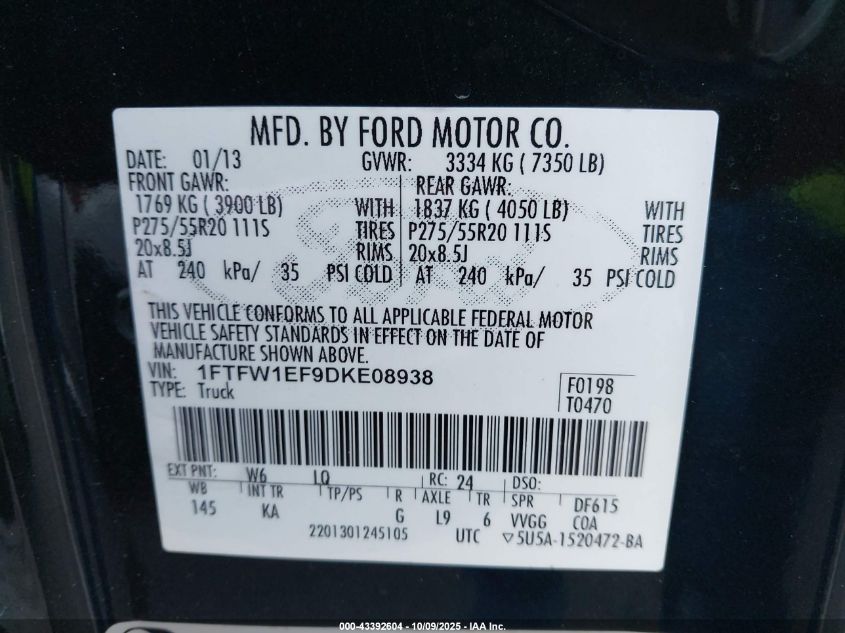 2013 Ford F-150 King Ranch VIN: 1FTFW1EF9DKE08938 Lot: 43392604