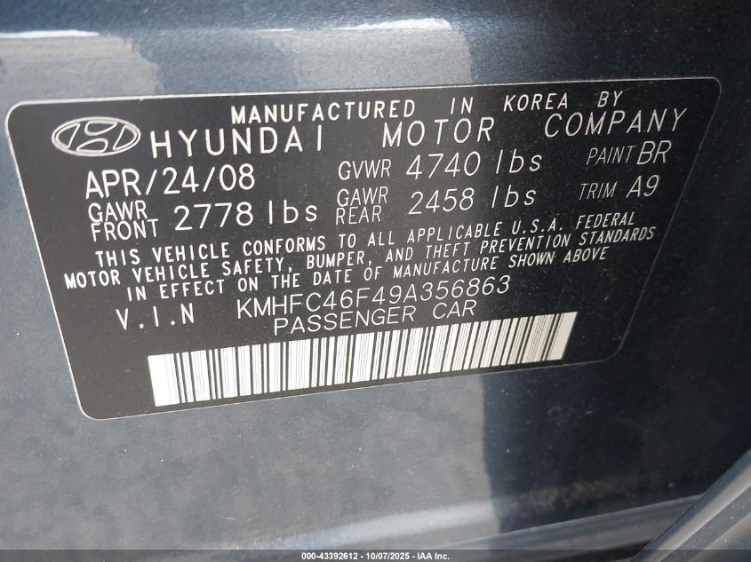 2009 Hyundai Azera Limited VIN: KMHFC46F49A356863 Lot: 43392612