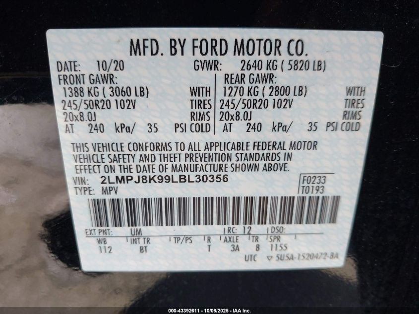 2020 Lincoln Nautilus Reserve VIN: 2LMPJ8K99LBL30356 Lot: 43392611