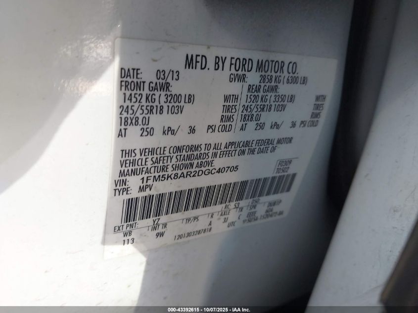 2013 Ford Police Interceptor VIN: 1FM5K8AR2DGC40705 Lot: 43392615