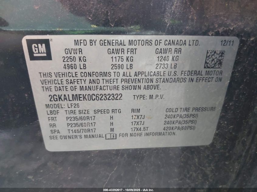 2012 GMC Terrain Sle-1 VIN: 2GKALMEK0C6232322 Lot: 43392617