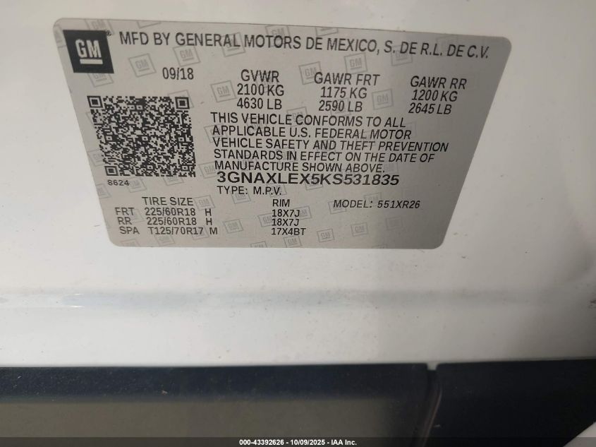 2019 Chevrolet Equinox Lt VIN: 3GNAXLEX5KS531835 Lot: 43392626