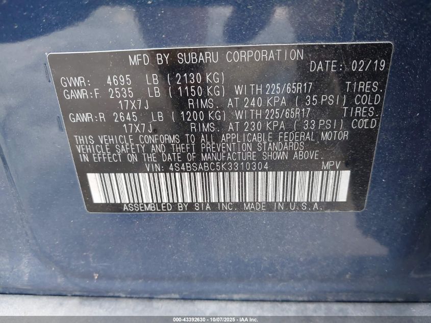 2019 Subaru Outback 2.5I VIN: 4S4BSABC5K3310304 Lot: 43392630
