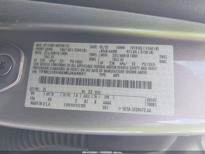 2021 Ford Escape Sel VIN: 1FMCU0H66MUA04851 Lot: 43392641