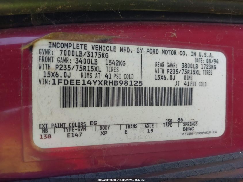 1994 Ford Econoline E150 Van VIN: 1FDEE14YXRHB98125 Lot: 43392650
