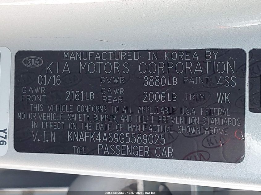 2016 Kia Forte Lx VIN: KNAFK4A69G5589025 Lot: 43392660