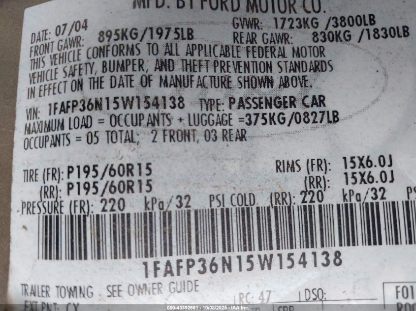 2005 Ford Focus Zxw VIN: 1FAFP36N15W154138 Lot: 43392661