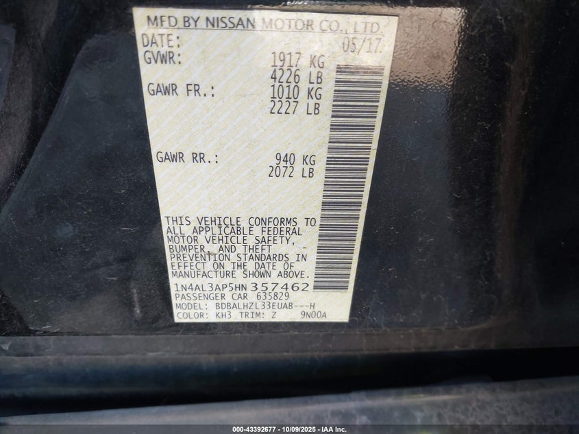 2017 NISSAN ALTIMA 2.5 SR 1N4AL3AP5HN357462