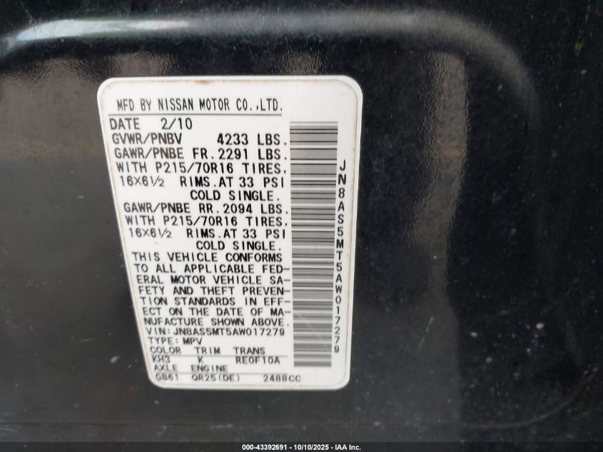 2010 Nissan Rogue S VIN: JN8AS5MT5AW017279 Lot: 43392691