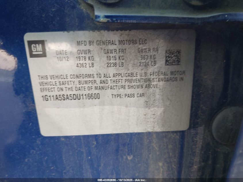 2013 Chevrolet Malibu 1Fl VIN: 1G11A5SA5DU116600 Lot: 43392696