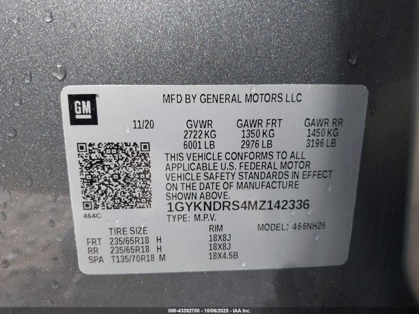 2021 Cadillac Xt5 Awd Premium Luxury VIN: 1GYKNDRS4MZ142336 Lot: 43392700