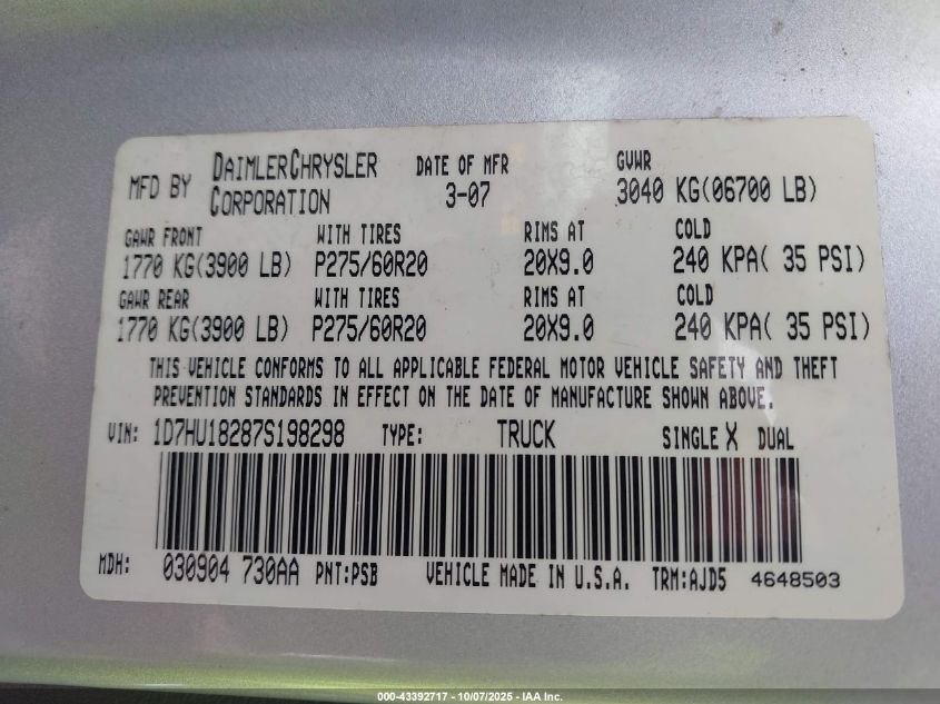 2007 Dodge Ram 1500 Slt/Trx4 Off Road/Sport VIN: 1D7HU18287S198298 Lot: 43392717