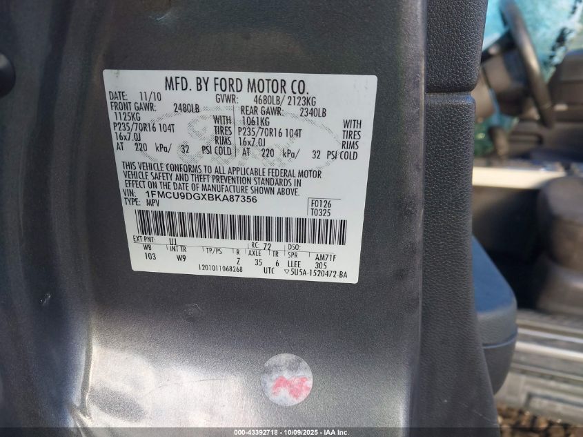 2011 Ford Escape Xlt VIN: 1FMCU9DGXBKA87356 Lot: 43392718