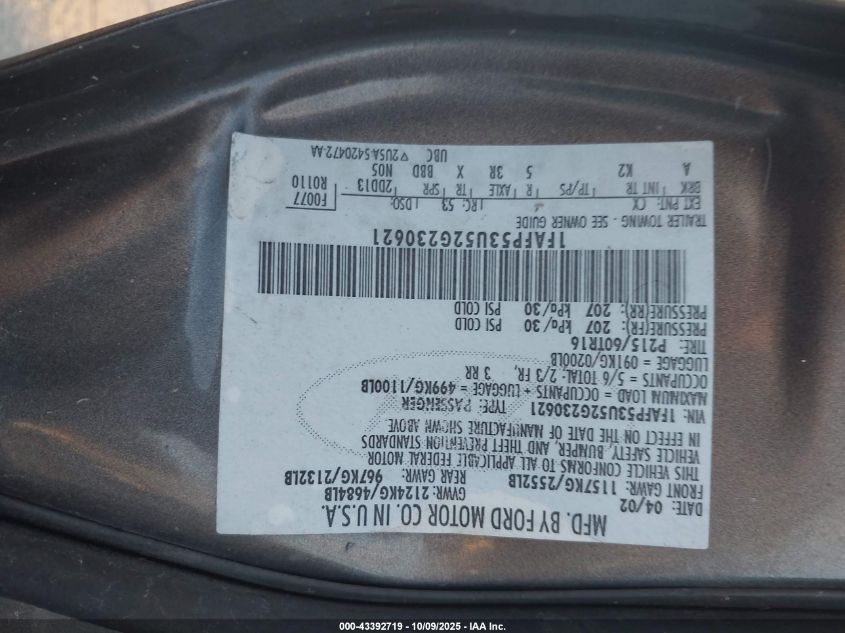 2002 Ford Taurus Se VIN: 1FAFP53U52G230621 Lot: 43392719