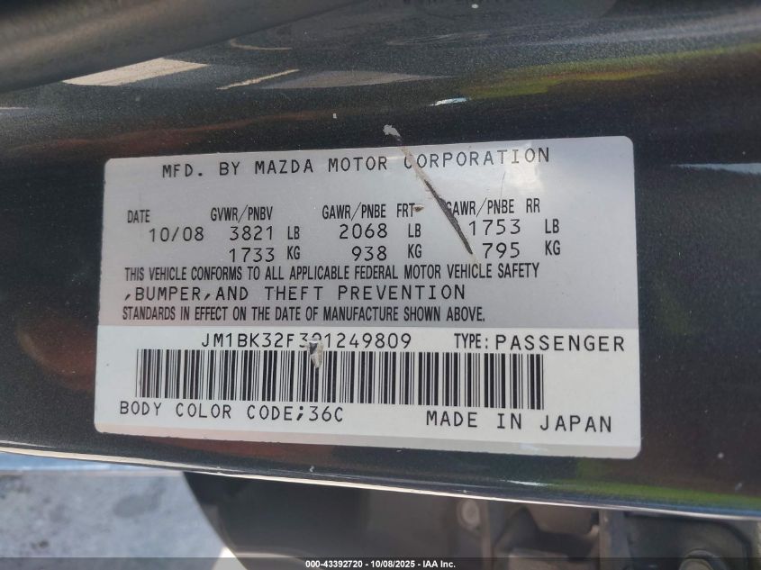 2009 Mazda Mazda3 I VIN: JM1BK32F391249809 Lot: 43392720