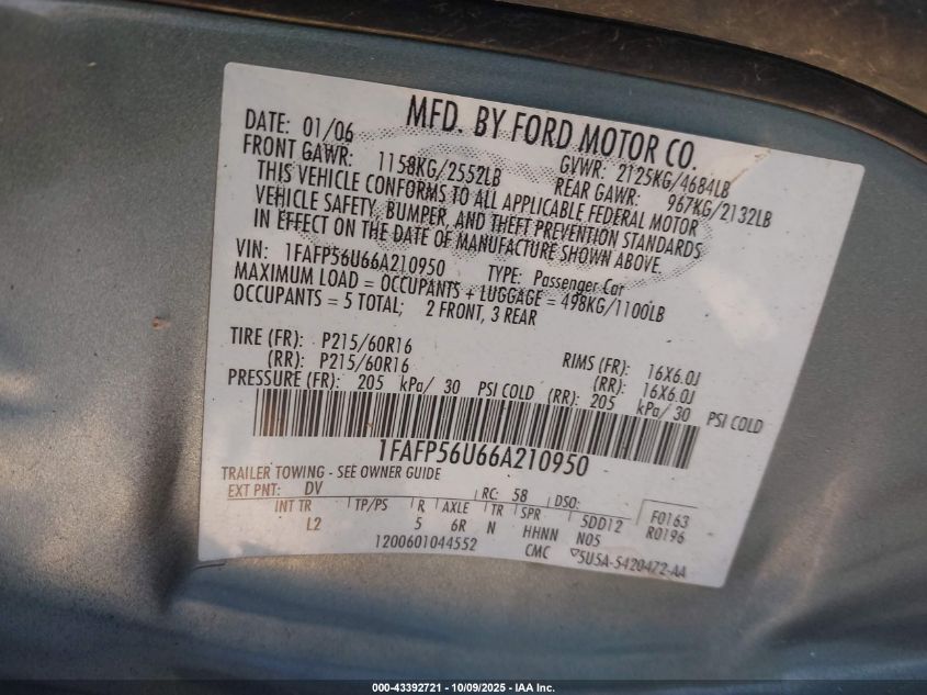 2006 Ford Taurus Sel VIN: 1FAFP56U66A210950 Lot: 43392721