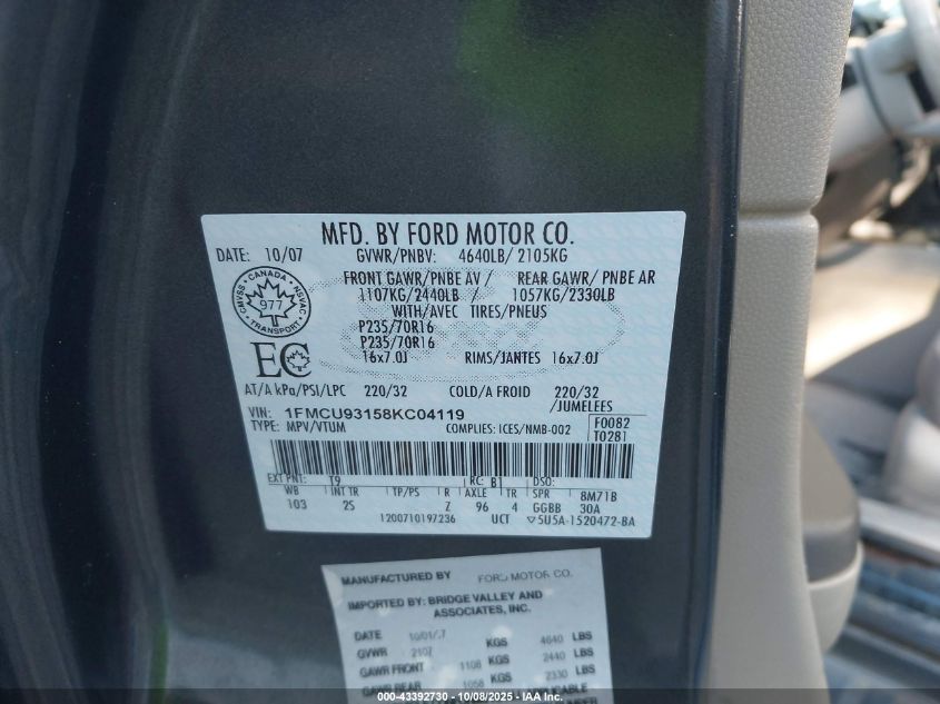 2008 Ford Escape Xlt VIN: 1FMCU93158KC04119 Lot: 43392730